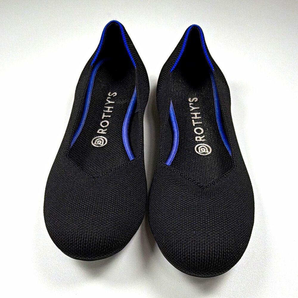 Rothy's Women's Ballet Flats Black Knit Blue Trim Slip-On Round Toe US 9